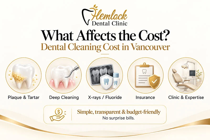 Infographic showing the main factors that affect dental cleaning cost Vancouver, including plaque and tartar buildup, deep cleaning needs, X-rays or fluoride treatment, insurance coverage, and clinic expertise.
