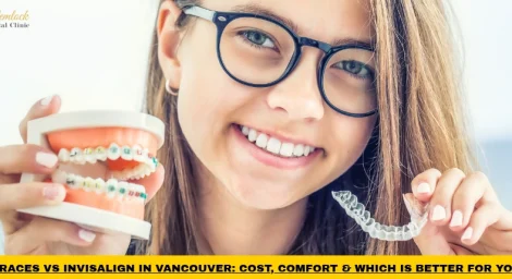Braces vs Invisalign in Vancouver comparison showing traditional braces and clear aligners for teeth straightening