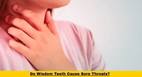Person holding their throat with discomfort, representing sore throat symptoms possibly related to wisdom teeth infection.